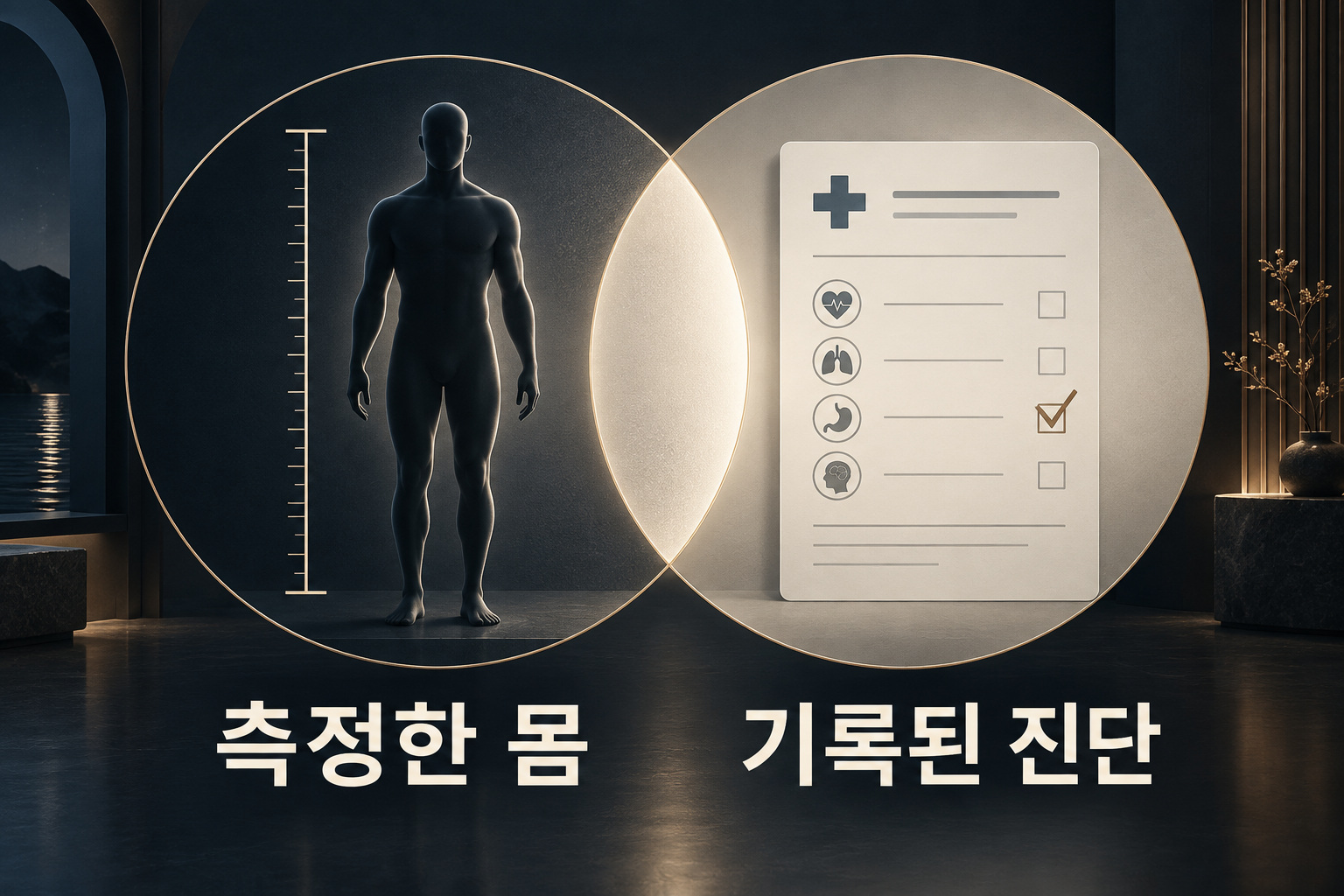 신체 측정과 진단 기록이 겹치지만 같지 않음을 보여주는 두 원의 개념도