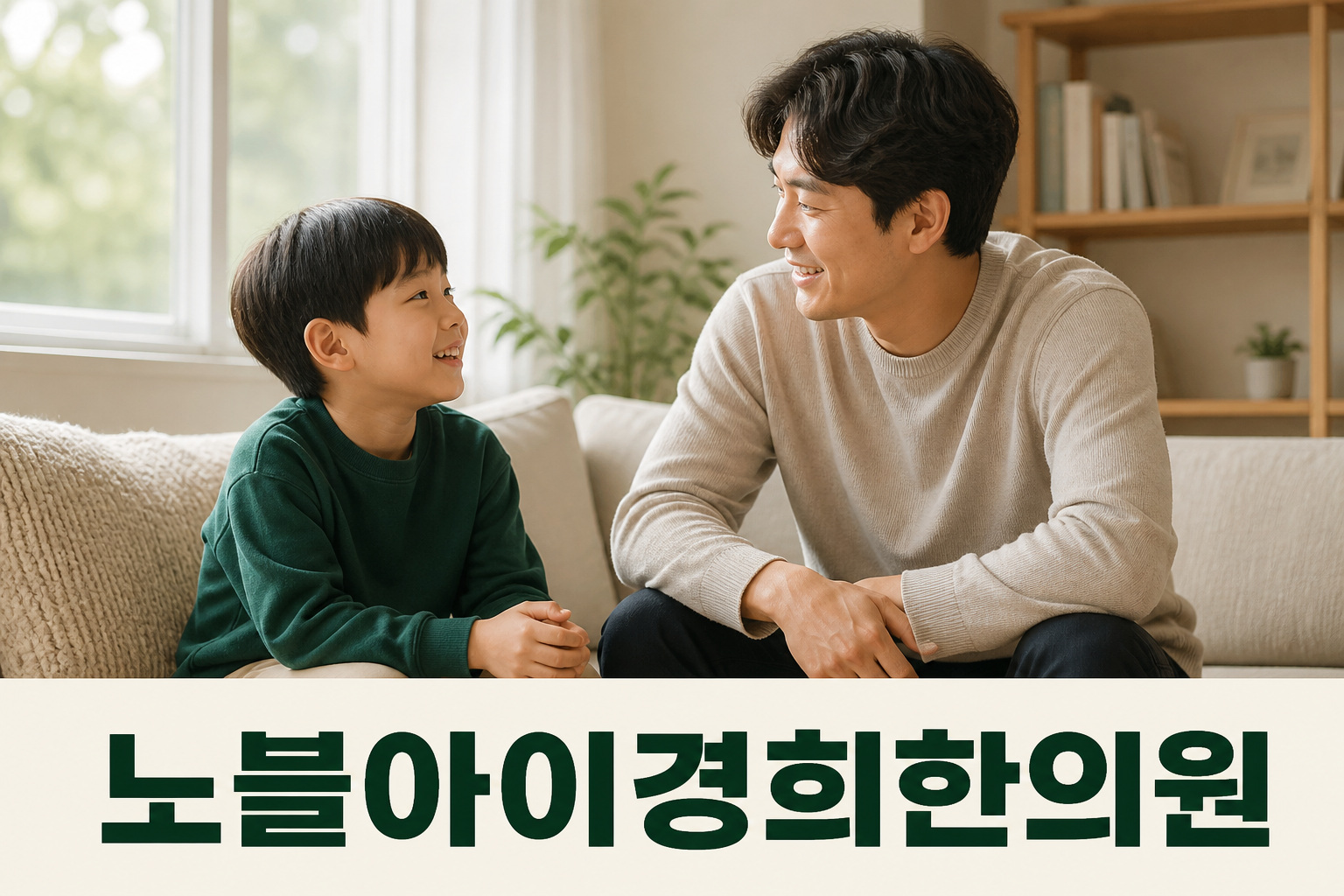 집에서 눈높이를 맞추고 대화하는 아버지와 아이