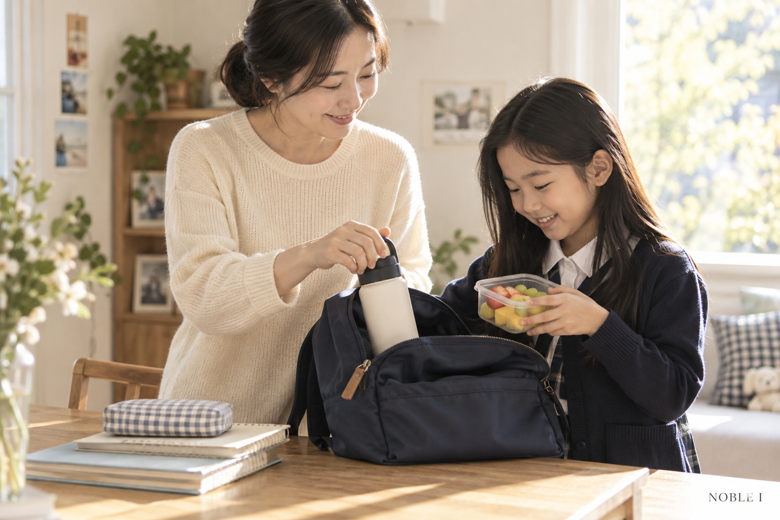 아이와 보호자가 물병과 과일 간식을 가방에 챙기는 모습