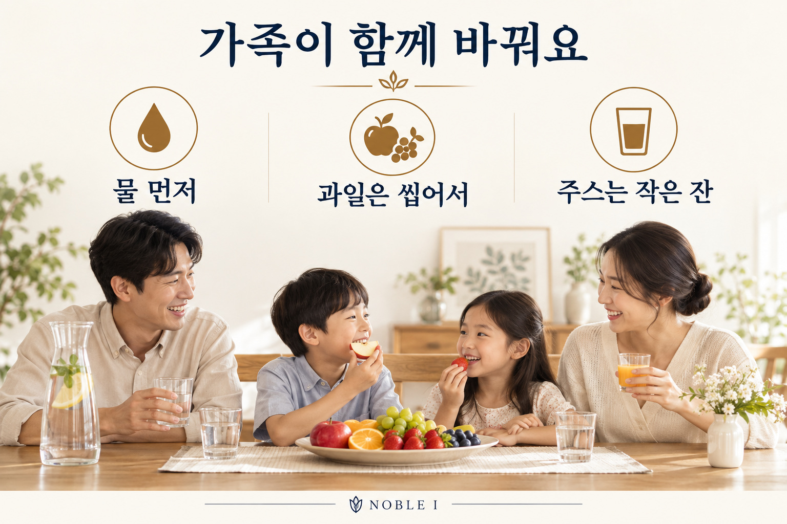 가족의 물·과일·작은 주스잔 선택을 보여주는 인포그래픽