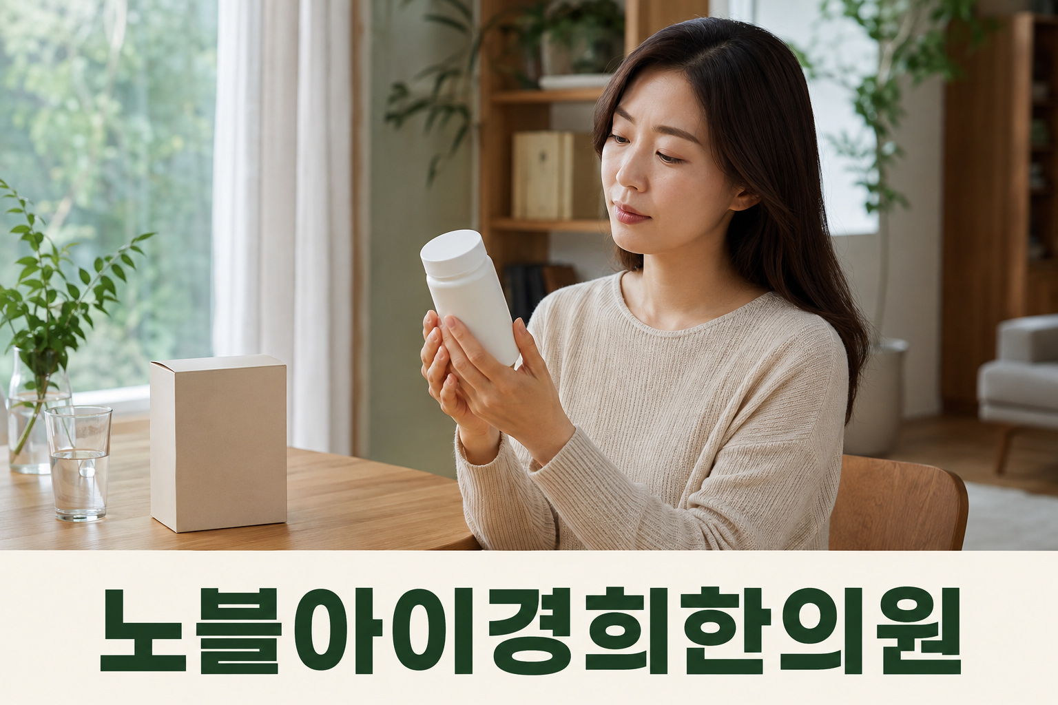 닫힌 무상표 보충제 용기를 살펴보는 보호자