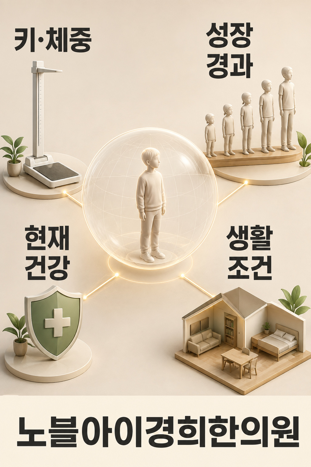 소아 체중 평가에 키·체중과 성장 경과, 현재 건강과 생활 조건이 함께 모이는 도식