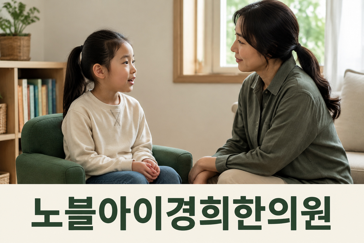 집에서 아이의 이야기를 듣는 보호자