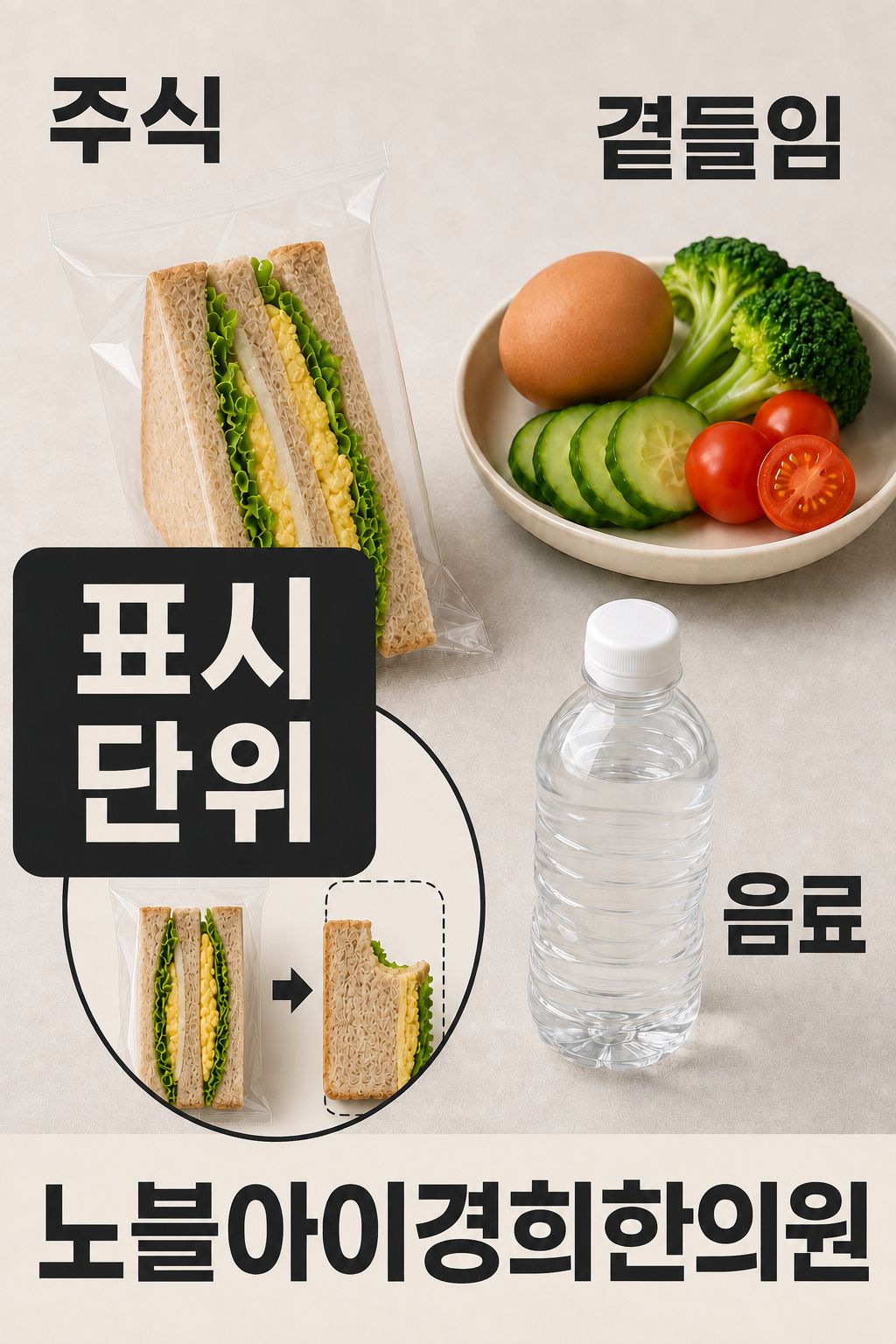편의점 한 끼의 주식과 곁들임, 음료와 표시 단위를 구분한 그림