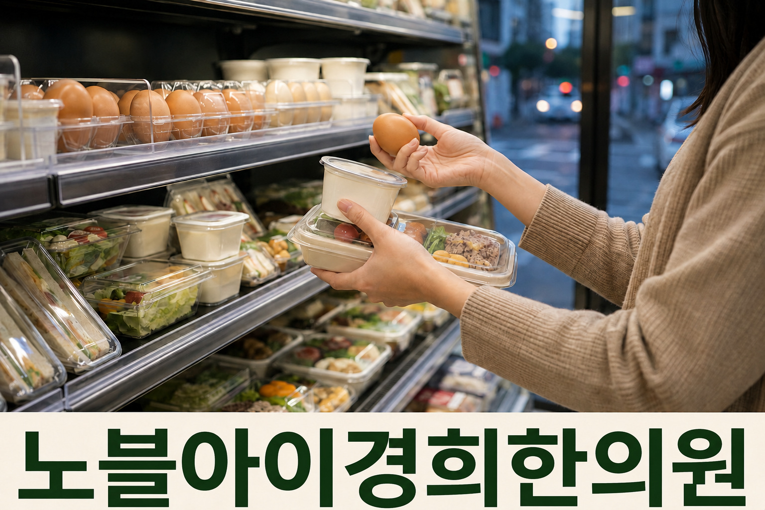편의점에서 달걀과 채소가 담긴 식사 구성을 살펴보는 성인