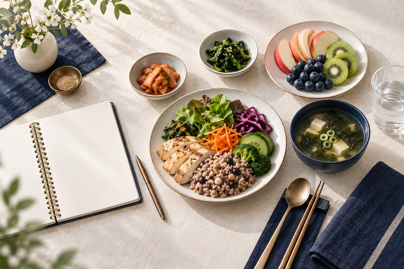 통곡물과 콩, 채소, 물이 놓인 감량 식단을 점검하는 비식별 연출 사진