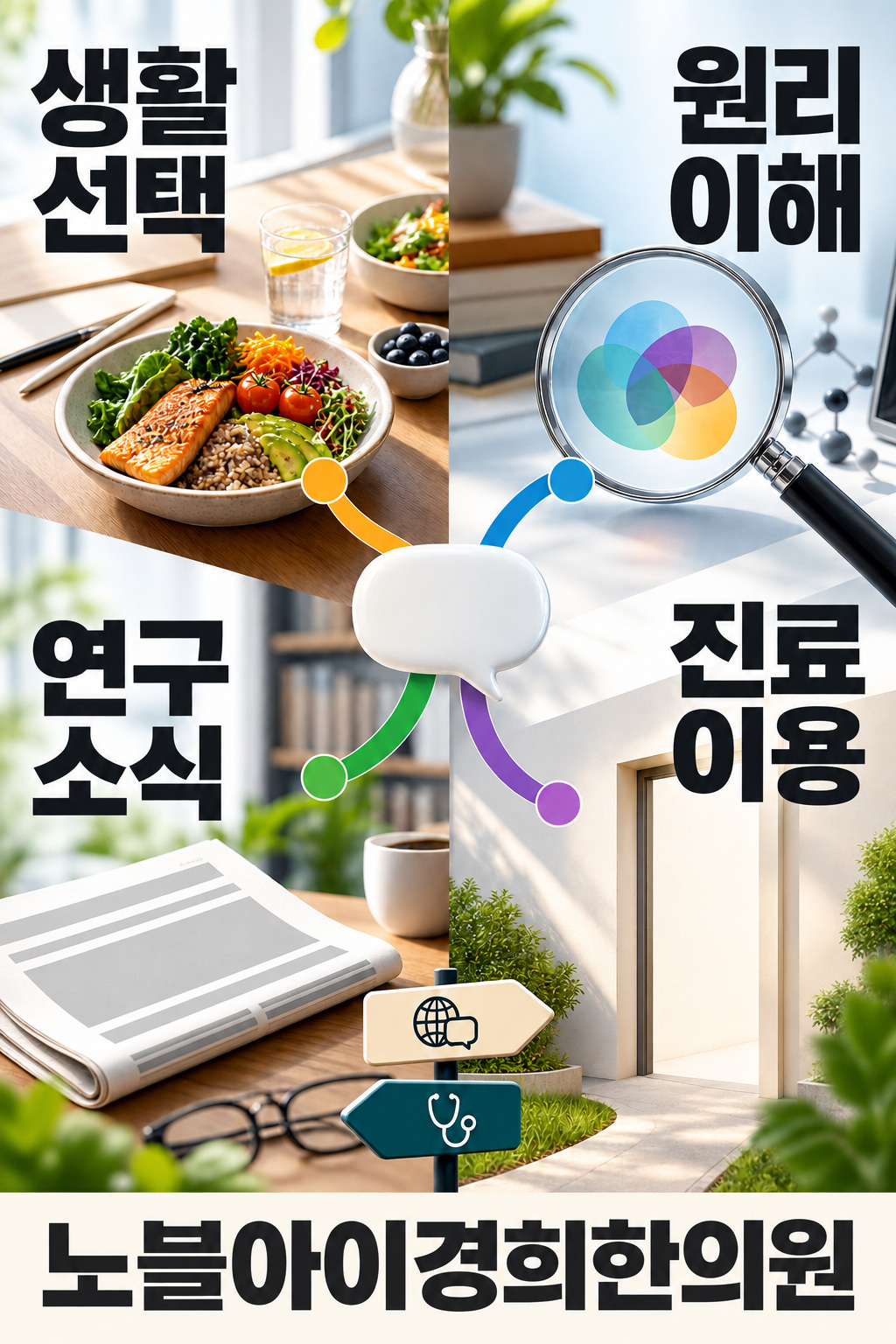 생활 선택과 원리 이해, 연구 소식과 진료 이용을 서로 다른 정보 경로로 구분한 그림