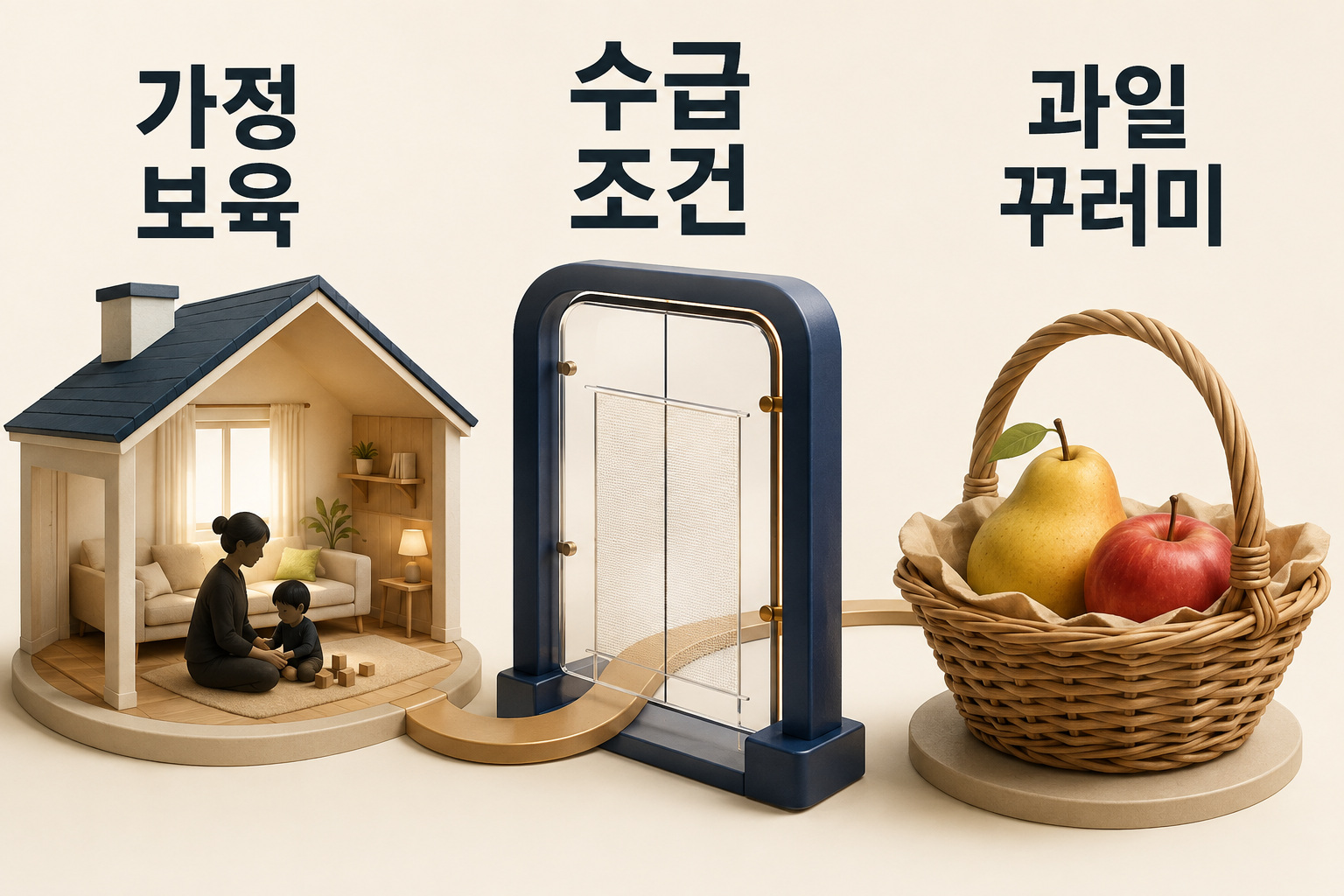 집에서 보호받는 아이 장면에서 투명한 자격 확인 관문을 지나 과일 바구니로 이어진다. 가정보육이라는 조건 하나만으로 자동 지급되는 듯한 체크나 숫자는 없다.