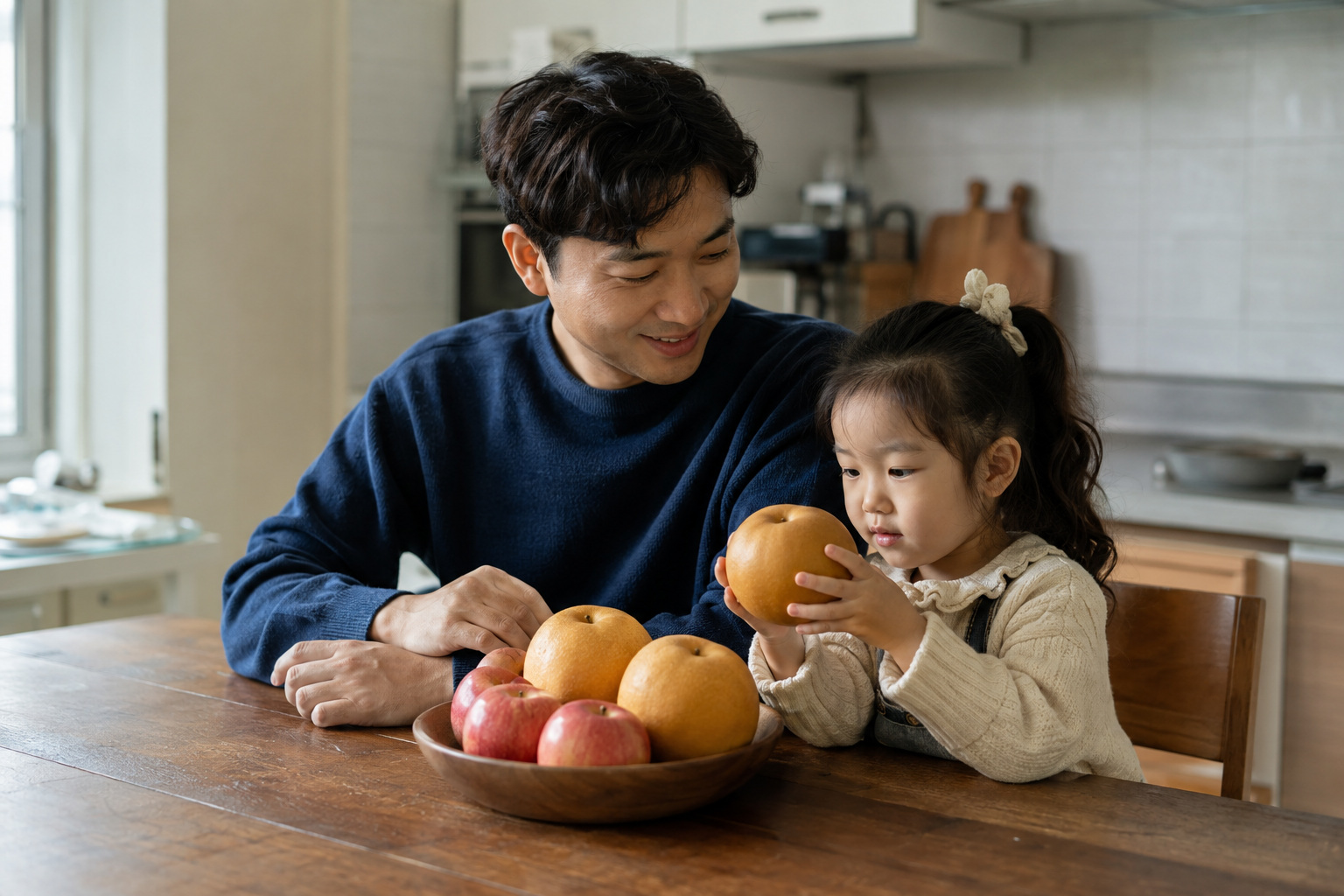 가정 주방 식탁에서 아버지와 어린아이가 사과와 배를 함께 살펴보는 모습