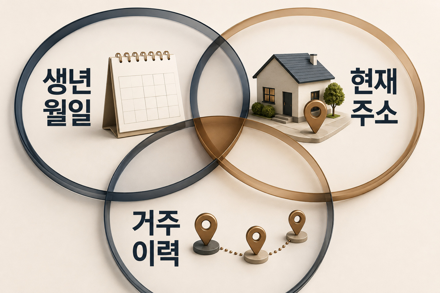 세 큰 원이 한 중앙 영역을 공유하는 교집합 도식. 생년월일 달력, 현재 집 위치, 이어지는 거주 경로를 각 원에 놓아 세 조건을 함께 보게 한다. 중앙 체크나 현금이 없어 최종 승인으로 오인하지 않는다.