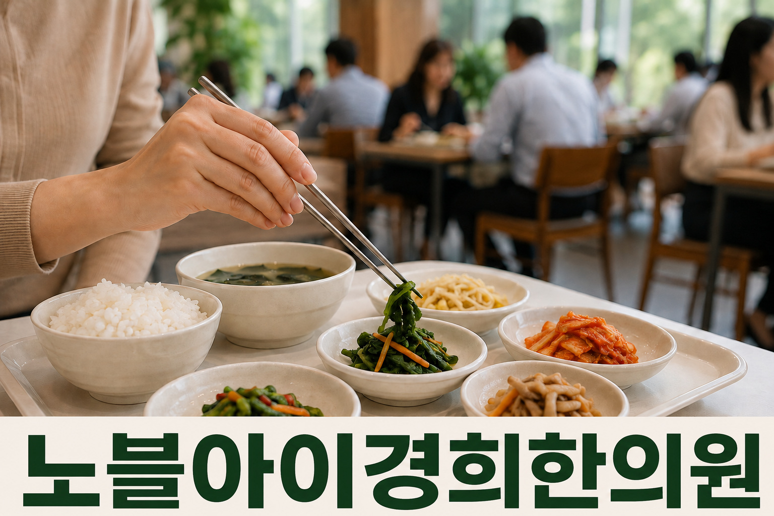 직장 식당의 한 끼에서 채소 반찬을 집는 손과 밥·국