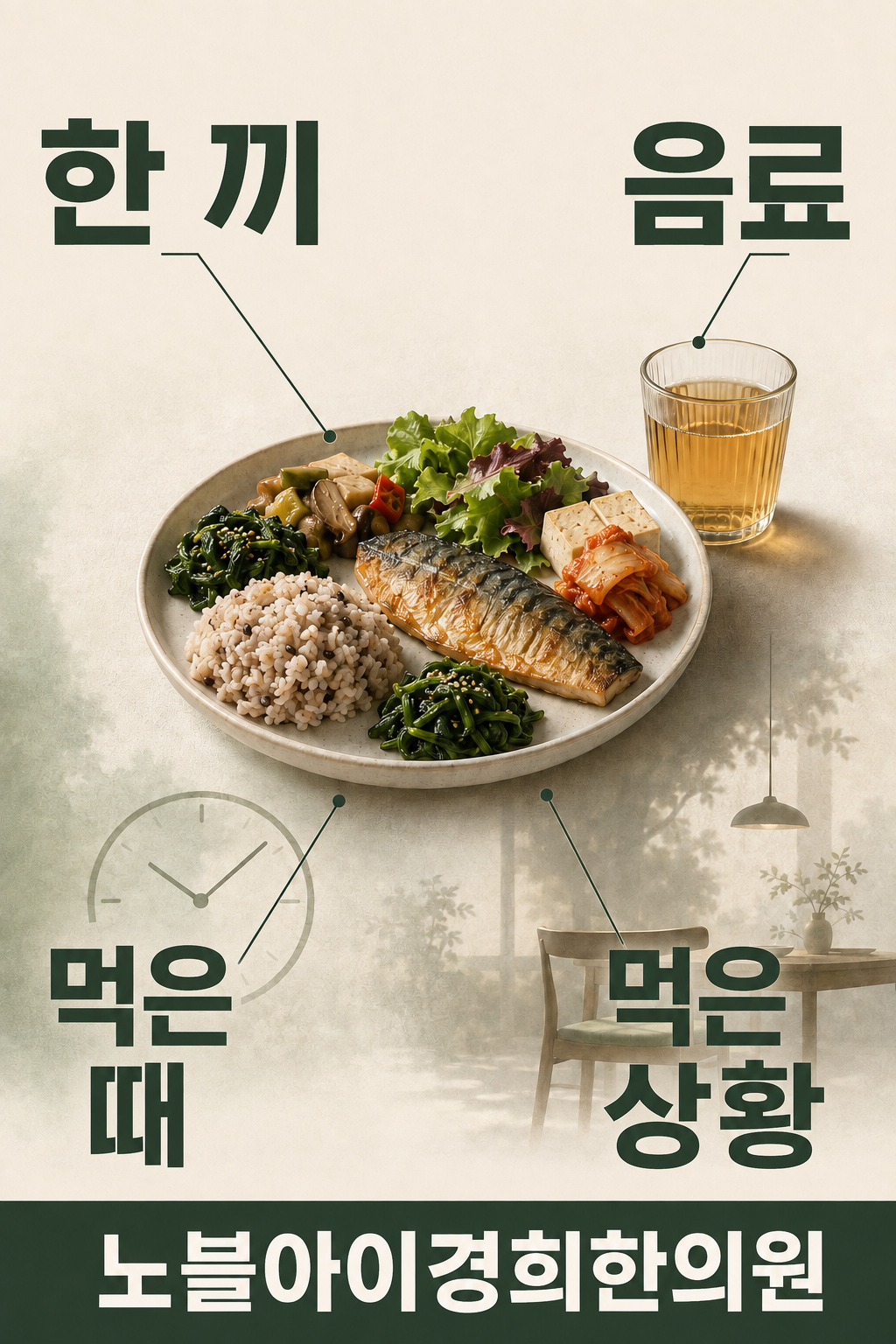 한 끼와 음료, 먹은 때와 먹은 상황을 한 식사 장면에 연결한 그림