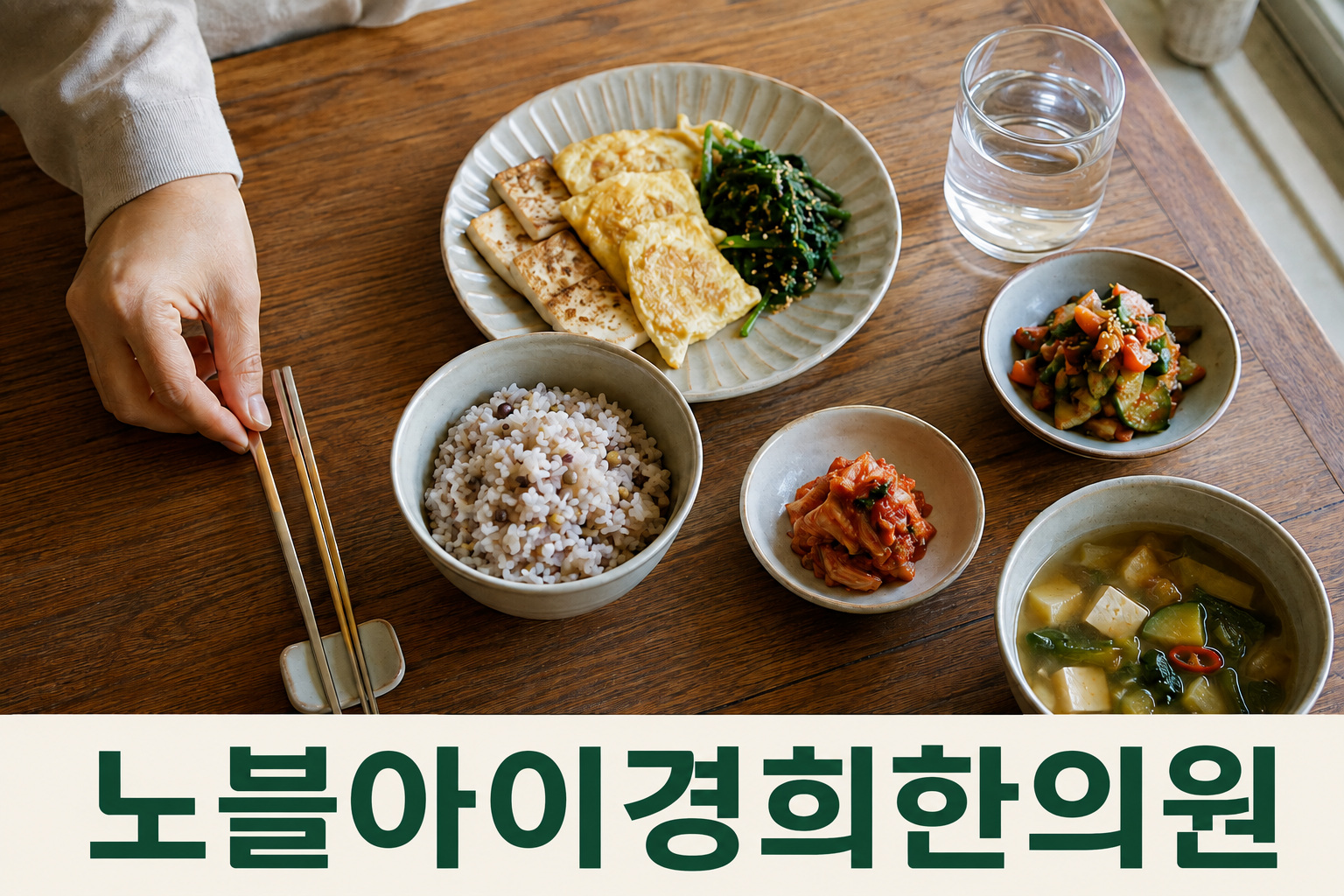 잡곡밥과 두부·달걀·채소 반찬으로 차린 평소 한 끼와 젓가락을 내려놓는 손