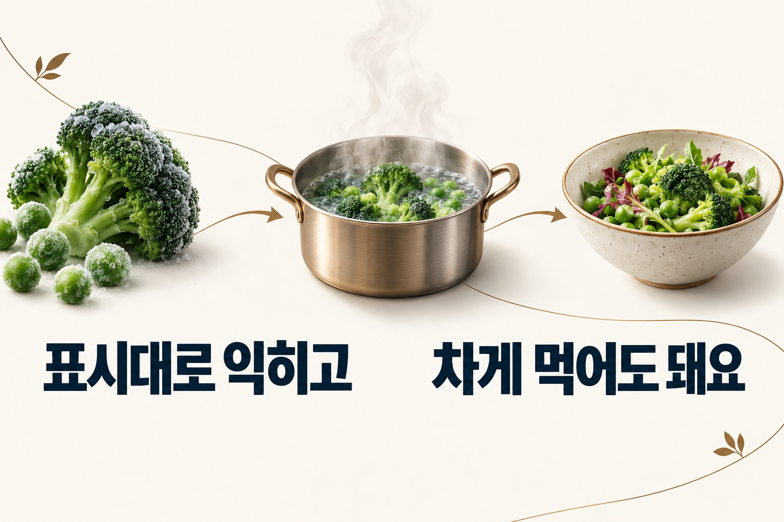 가열용 냉동채소를 익힌 뒤 식혀 먹는 순서를 보여주는 그림