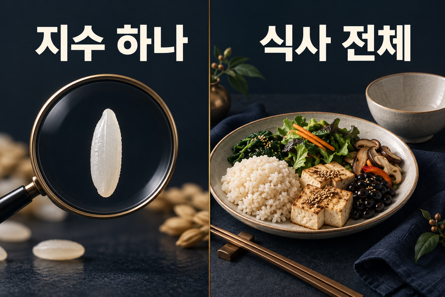 단일 식품의 지수와 한 끼의 전체 구성을 대비한 그림