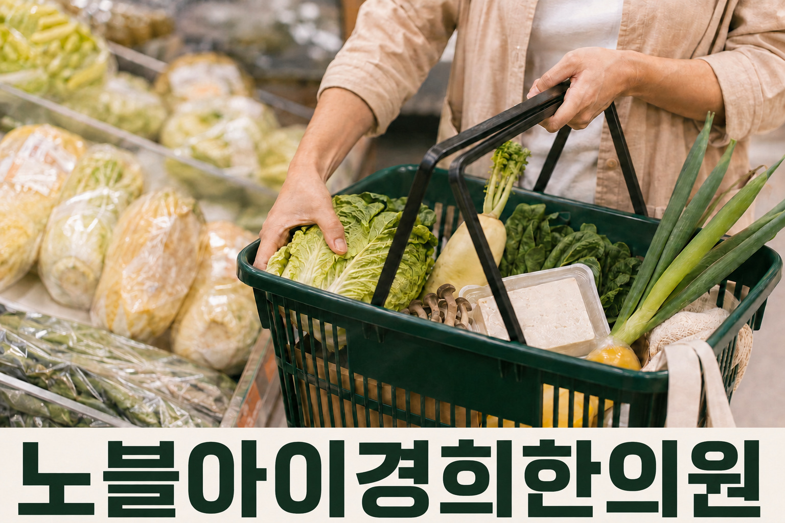 장보기 바구니에 채소와 두부를 담는 손