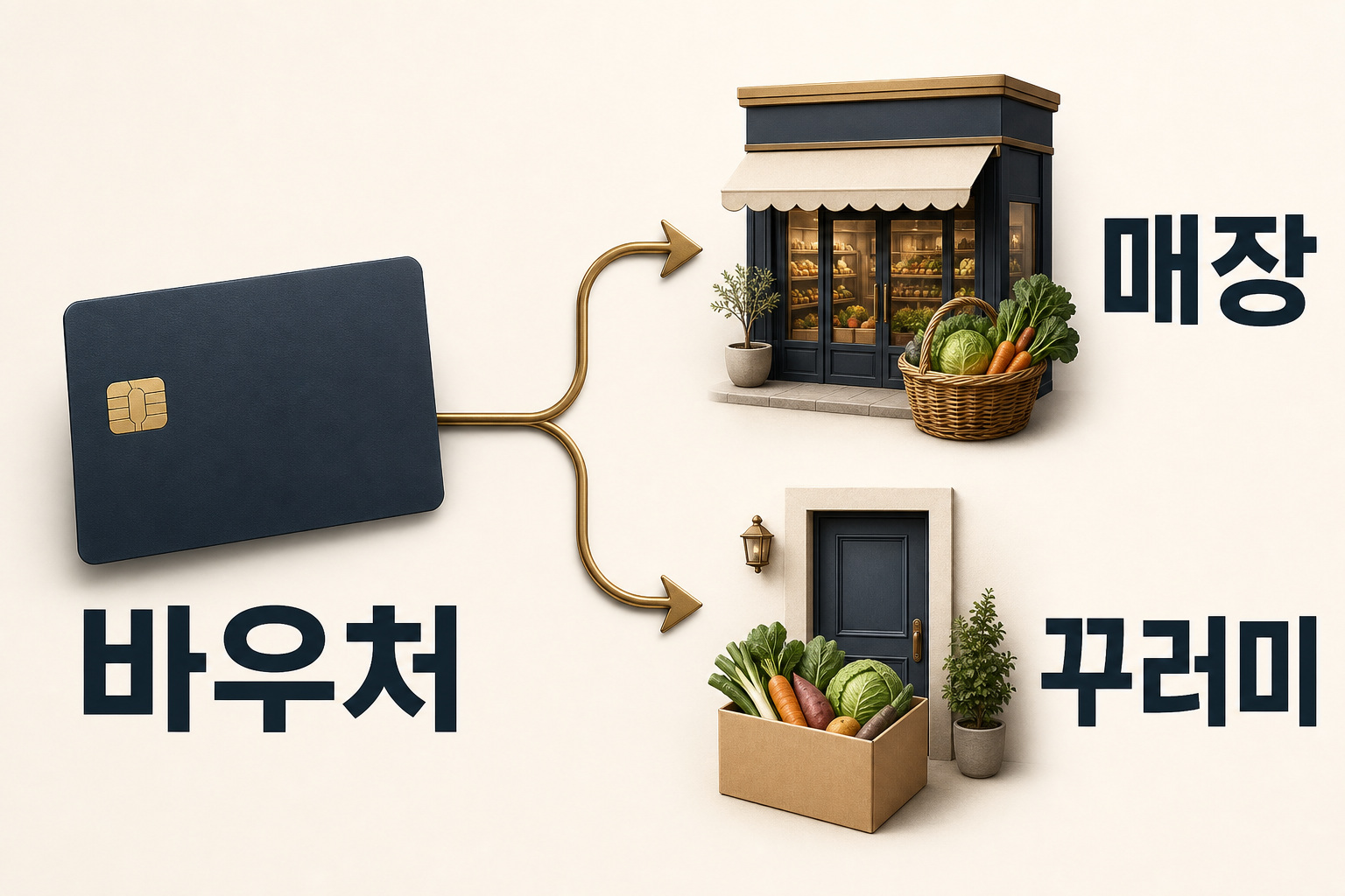 정체성을 특정하지 않는 한 장의 카드에서 길이 둘로 나뉜다. 한쪽은 장보기 바구니가 있는 매장, 다른 쪽은 집 앞으로 오는 식품 상자다. 두 경로는 같은 바우처의 사용 방식이고 별도 현금 보조금은 표시하지 않는다.