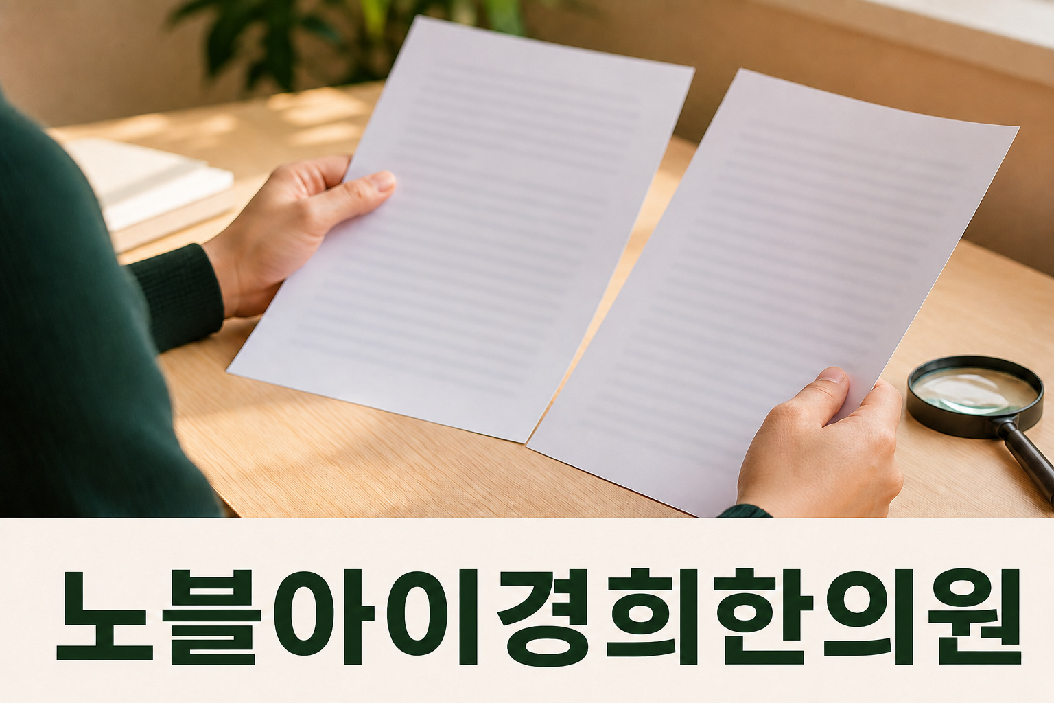 읽을 수 없는 예시 문서를 비교해 살펴보는 두 손