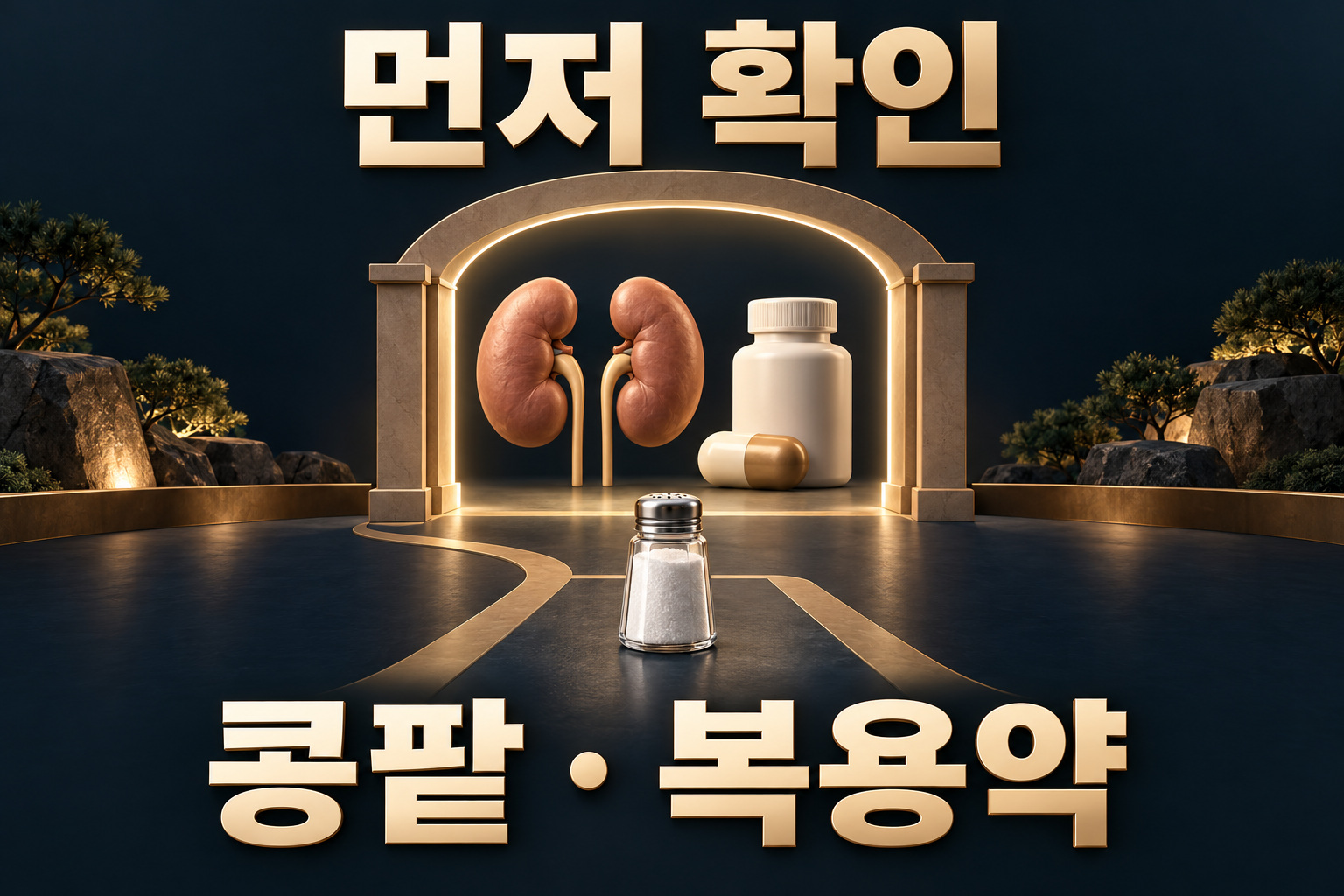 대체소금 사용 전에 콩팥과 복용약을 확인하는 관문을 표현한 그림