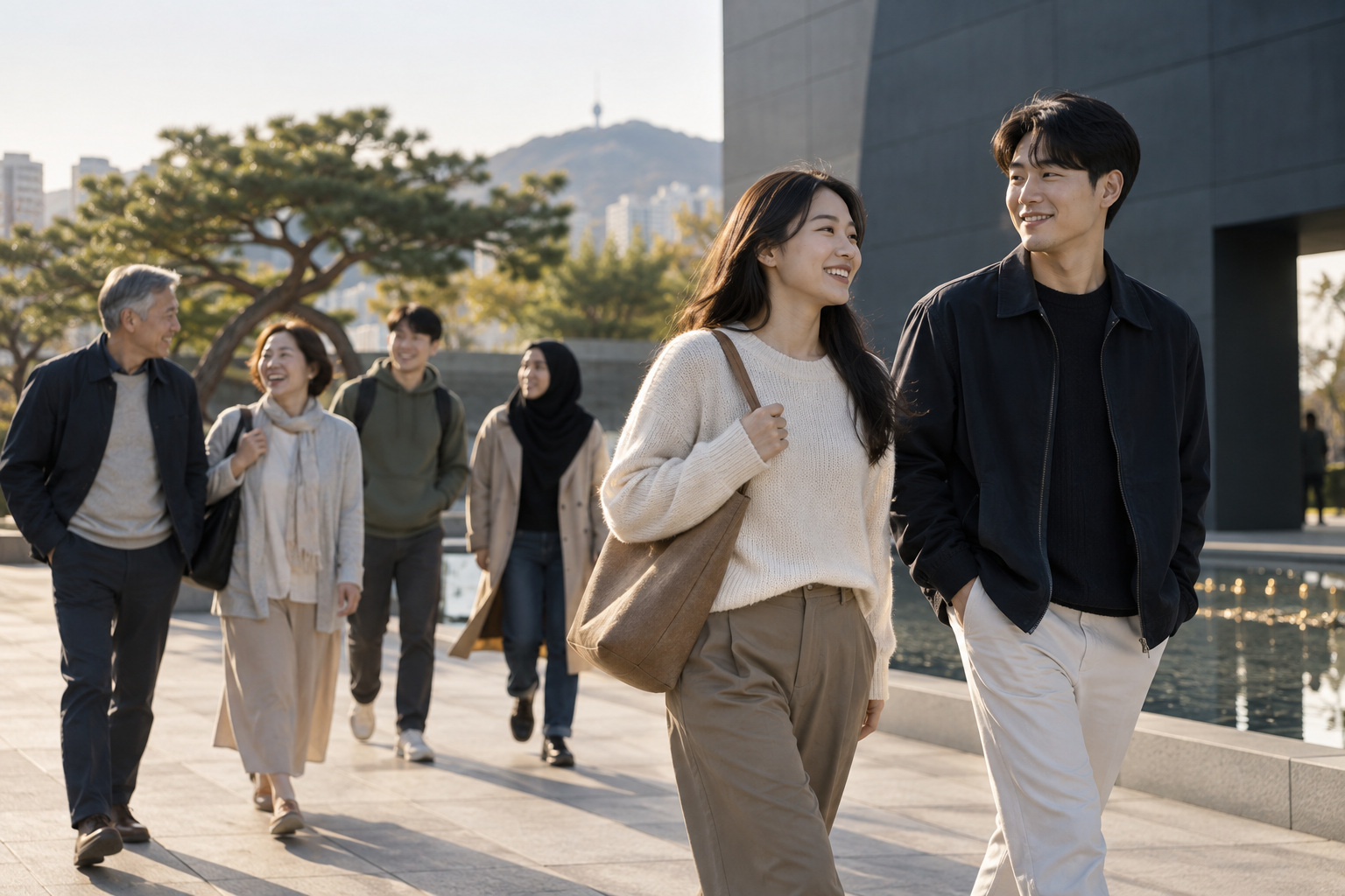 연령이 다른 성인들이 함께 걷는 일반 생활 공간을 담은 연구 참여 다양성 개념 사진