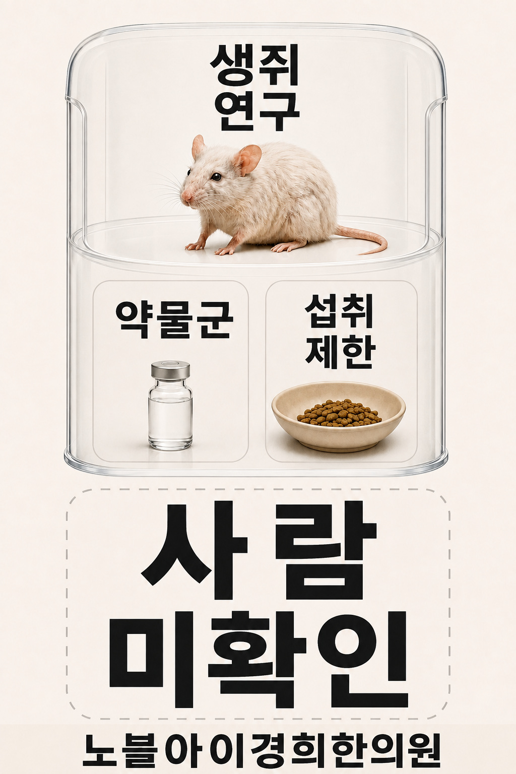 생쥐 연구의 약물군·섭취 제한 비교와 사람에서의 미확인 결과를 분리한 도식