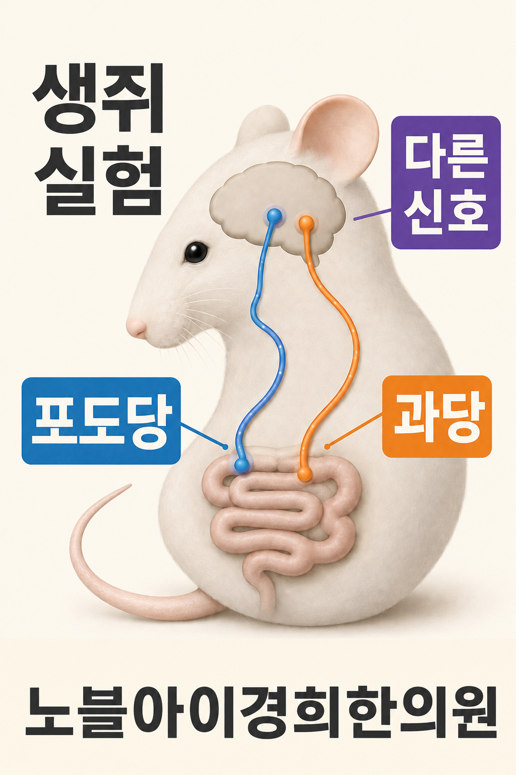 생쥐 실험에서 포도당과 과당의 다른 장·뇌 신호를 개념적으로 구분한 그림