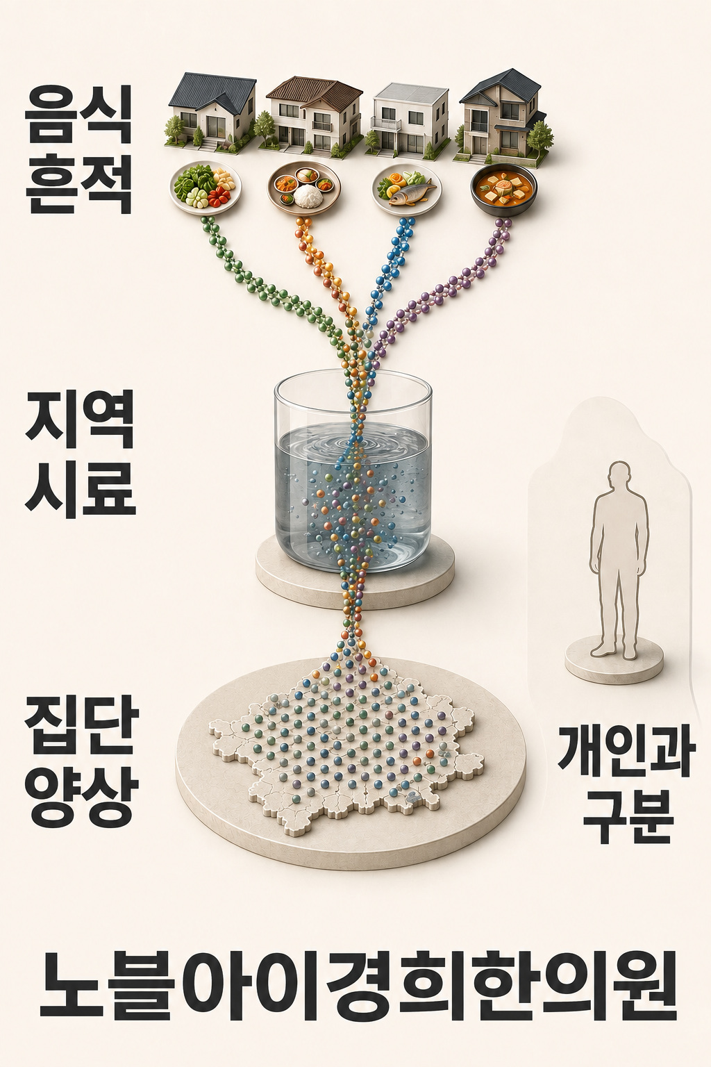 여러 집의 음식 흔적이 지역 시료와 집단 양상으로 모이며 개인 영양 평가와 구분되는 도식