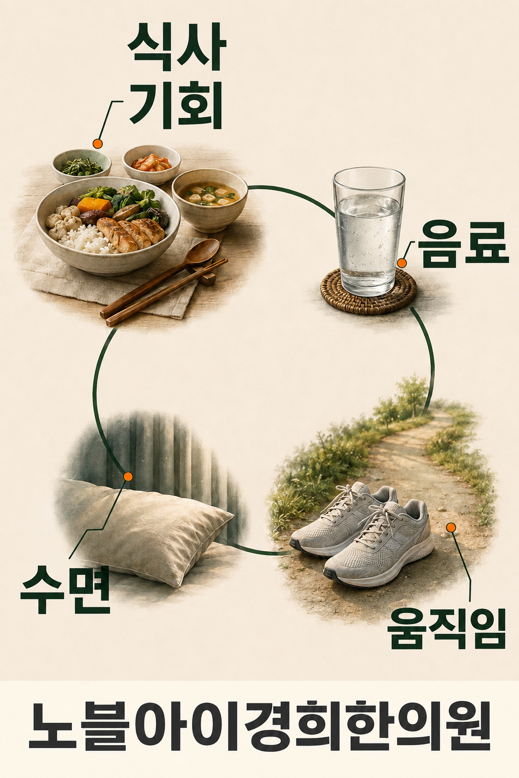 식사 기회·음료·움직임·수면을 한 날의 생활 흐름으로 연결한 그림