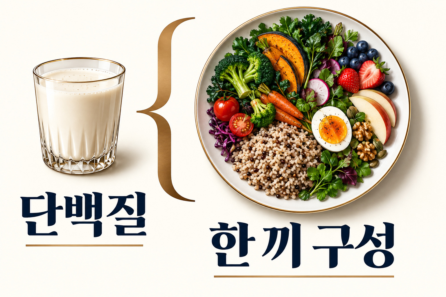 단백질 한 요소와 다양한 식품으로 이루어진 한 끼의 구성을 구분한 그림