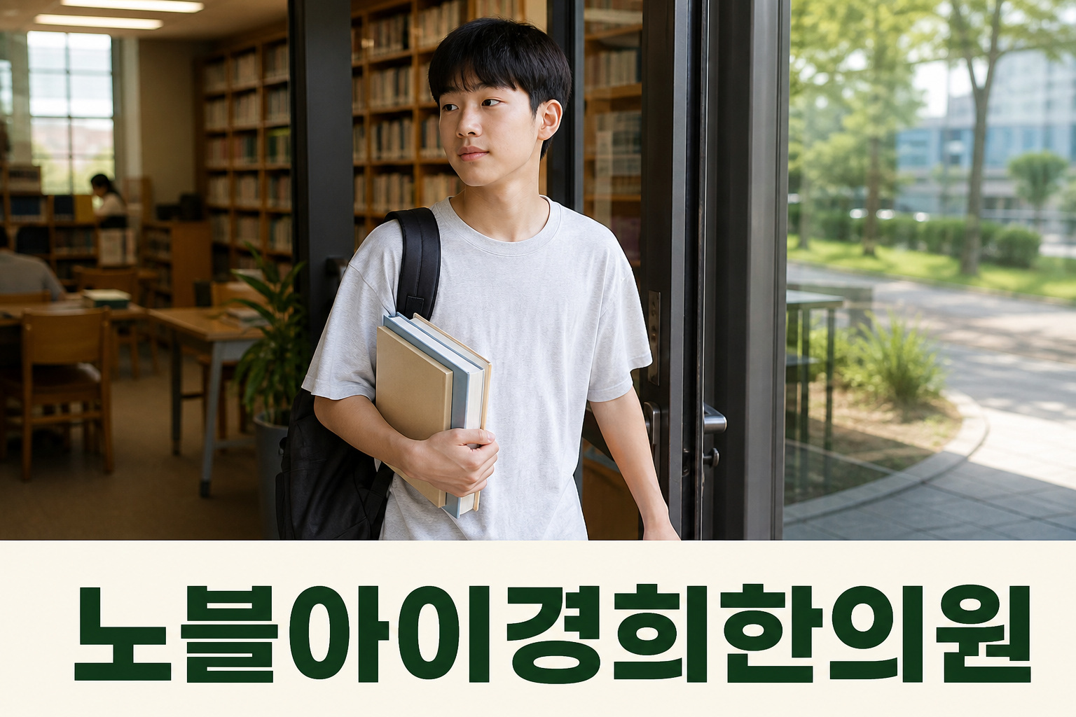 편안한 일상복을 입고 책을 들고 도서관을 나오는 청소년