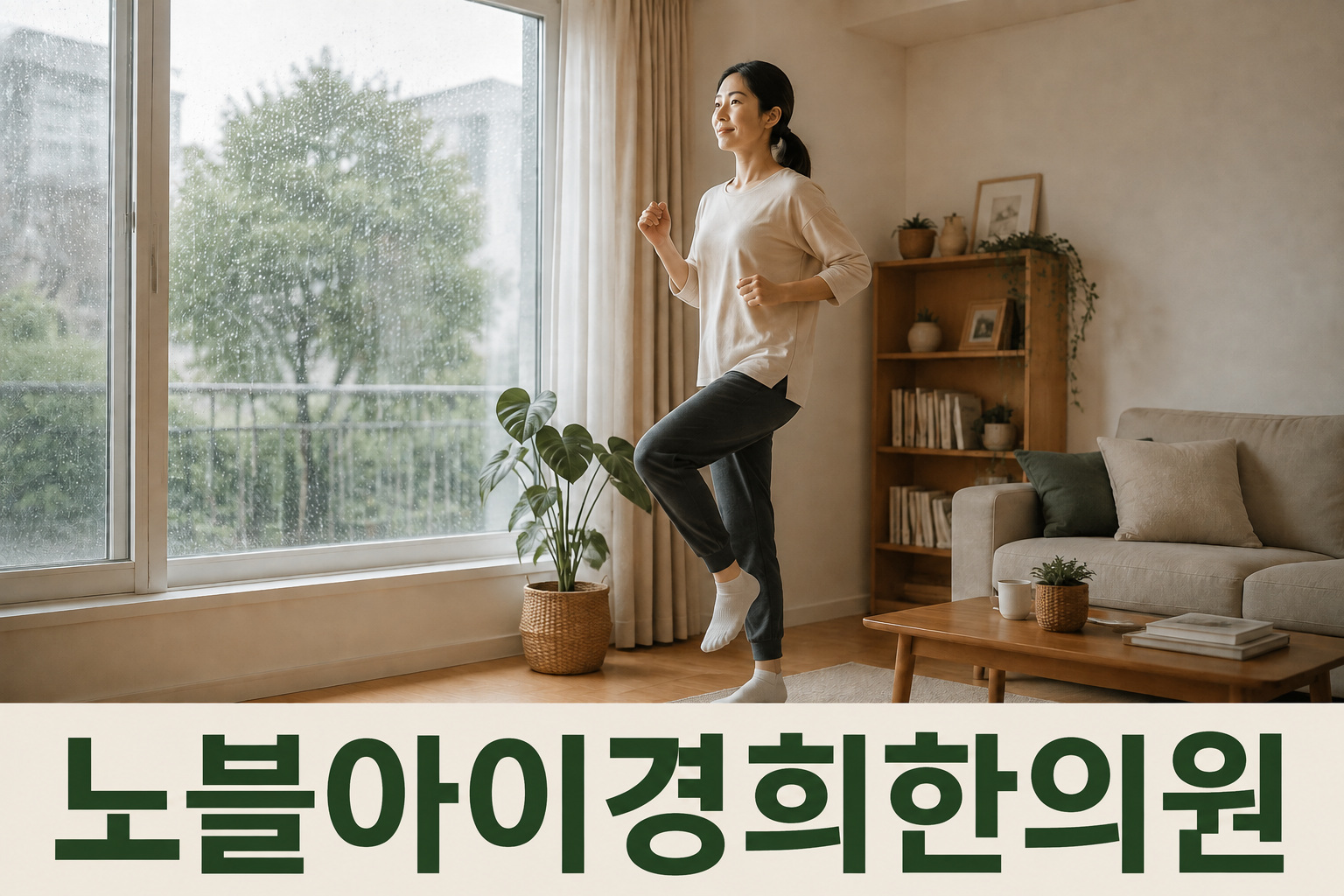 비가 내리는 창가의 실내에서 편안하게 움직이는 성인
