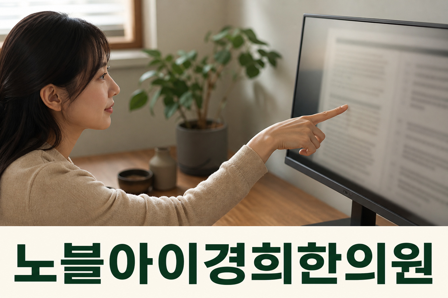 모니터에서 확인할 문장의 위치를 가리키는 손