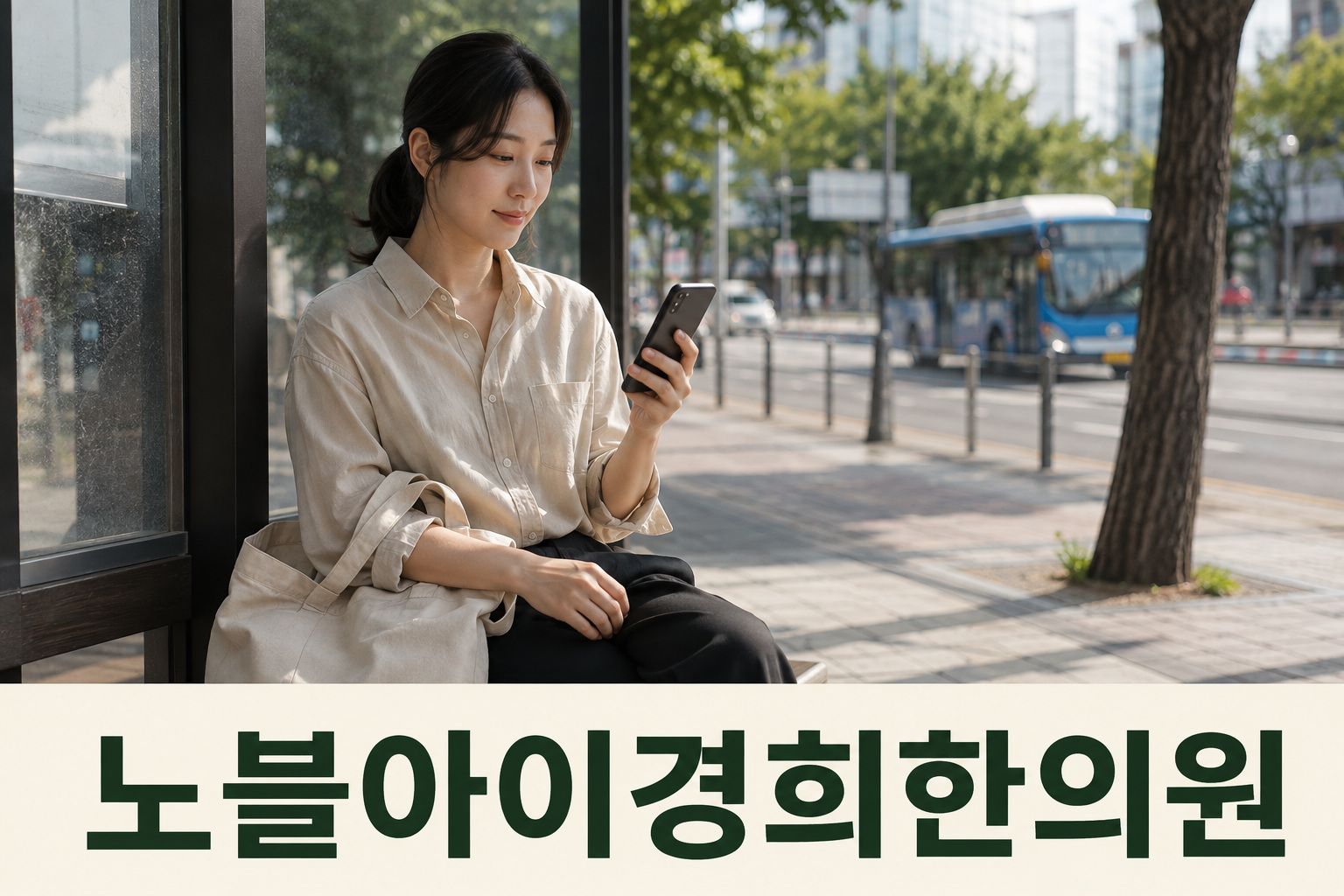 버스정류장에서 휴대전화를 확인하는 성인