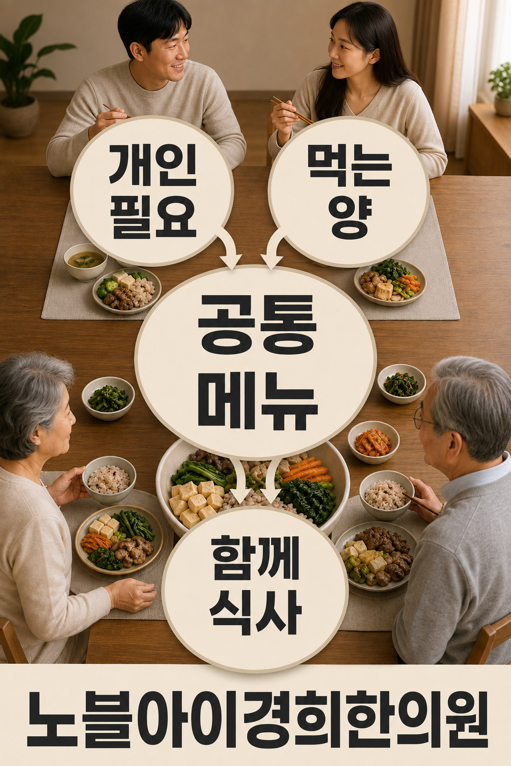 가족이 함께 먹는 메뉴와 사람마다 다른 필요 및 먹는 양을 연결한 그림