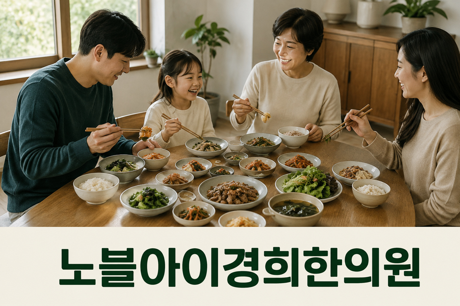 서로 다른 구성을 담은 밥그릇과 반찬을 나누는 가족의 식탁