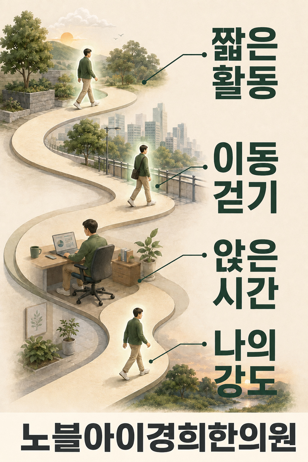짧은 걷기와 이동 걷기, 앉은 시간과 개인의 활동 강도를 하루 경로로 나타낸 그림