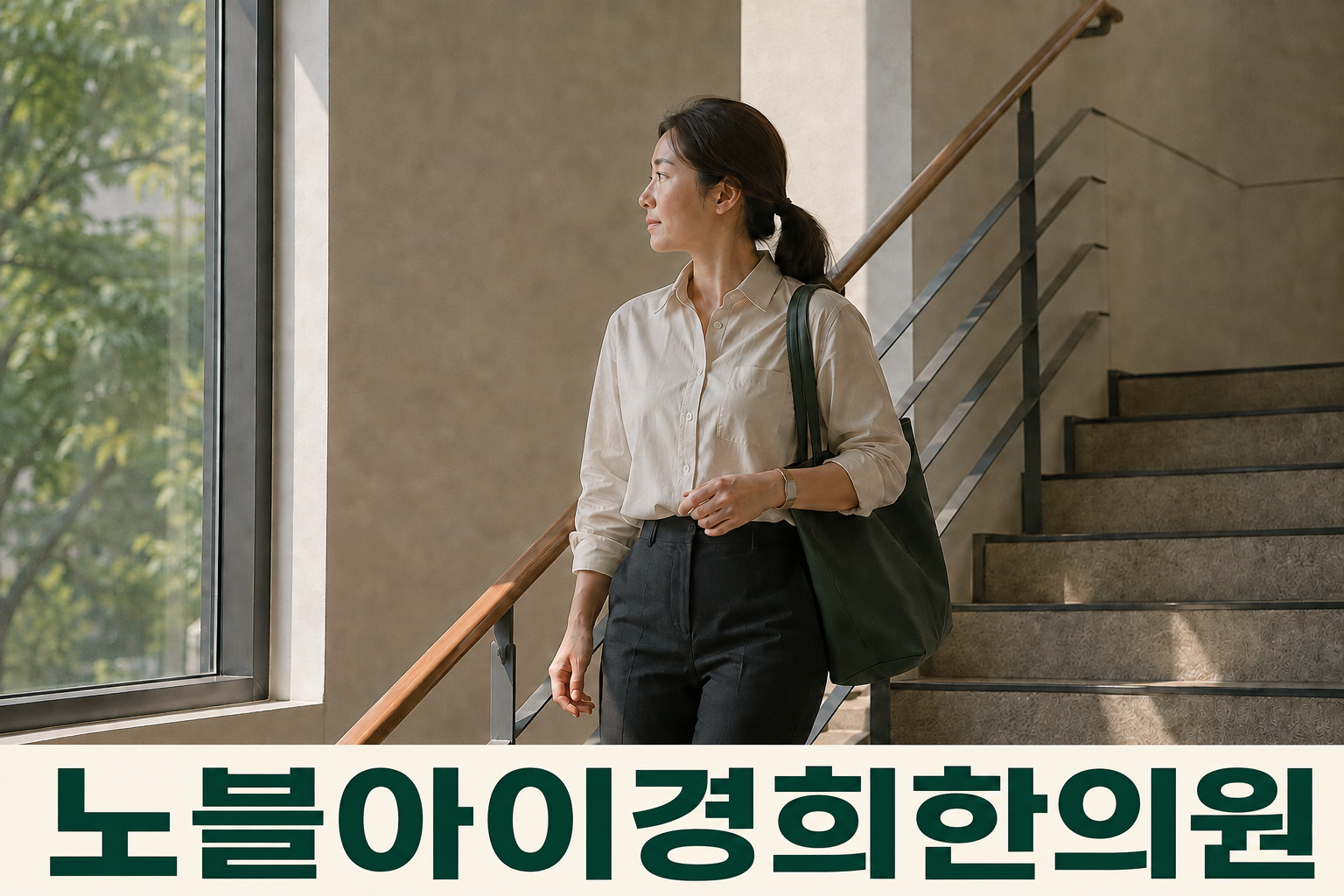 업무 중 계단 옆 창가에서 잠시 몸을 움직이는 성인