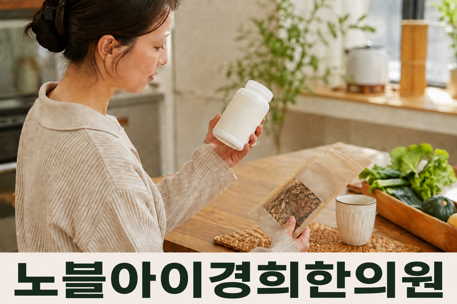 닫힌 보충제 용기와 글자 없는 한약 봉투를 손에 들고 살펴보는 성인