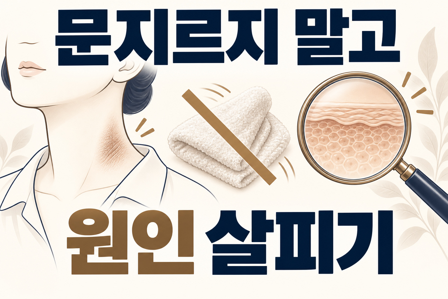 목 피부의 변화에서 문지르기를 피하고 원인을 살피는 방향을 설명한 그림