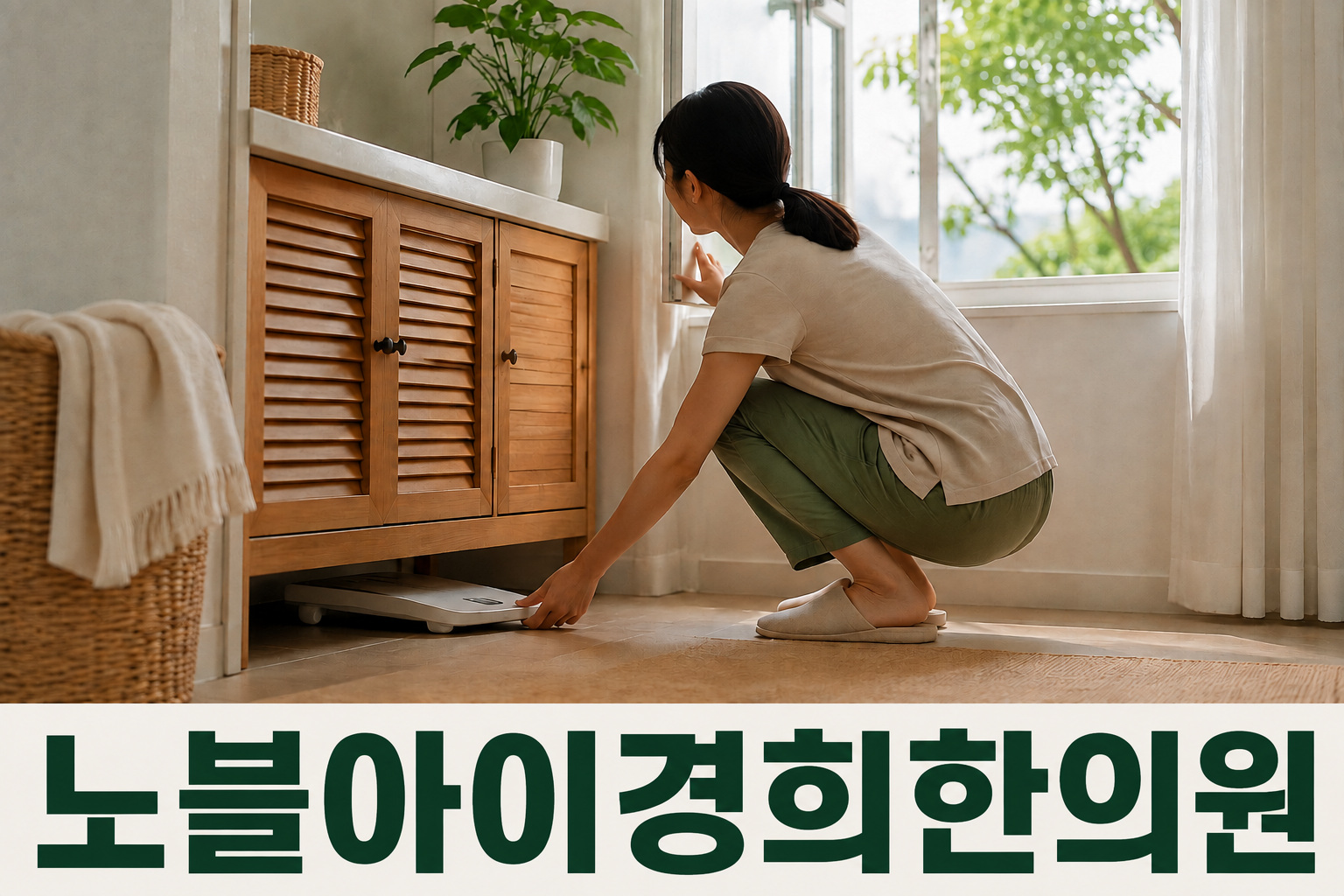 체중계를 수납장 아래에 넣고 창문을 여는 성인의 생활 장면