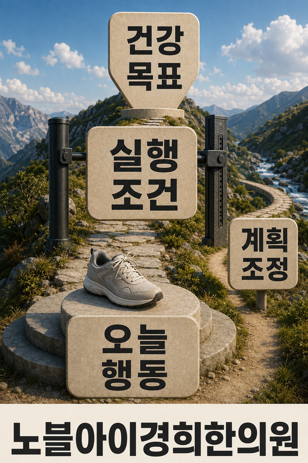 건강 목표까지 가는 경로에서 오늘의 행동과 실행 조건, 계획 조정을 연결한 도식