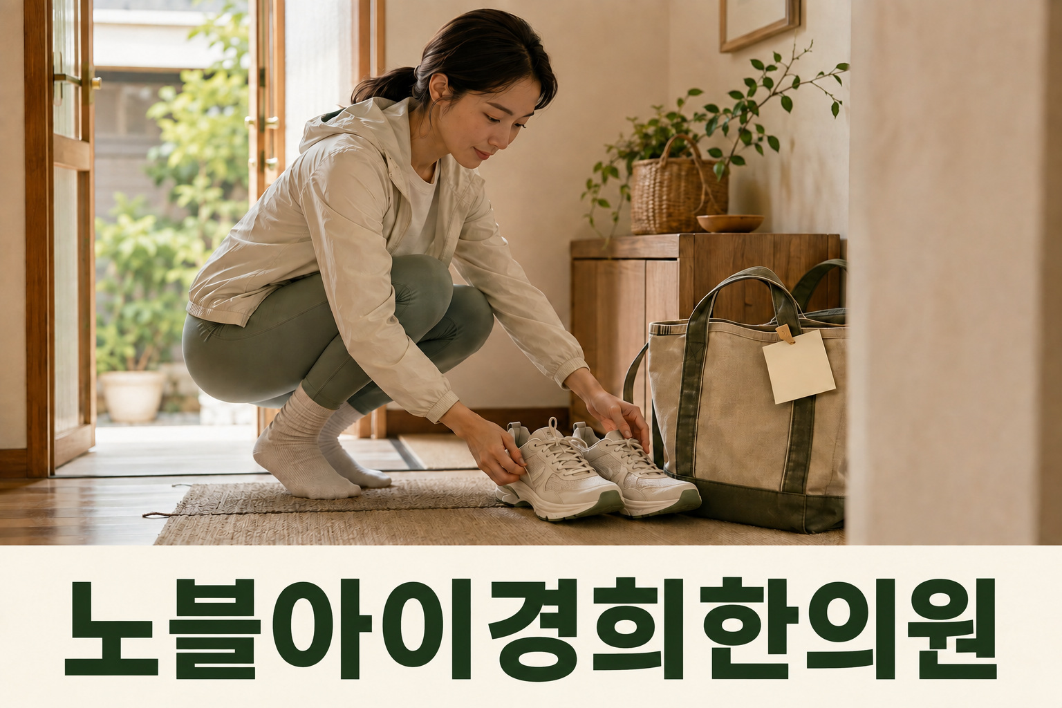 현관에 걷기용 신발을 꺼내 두는 성인