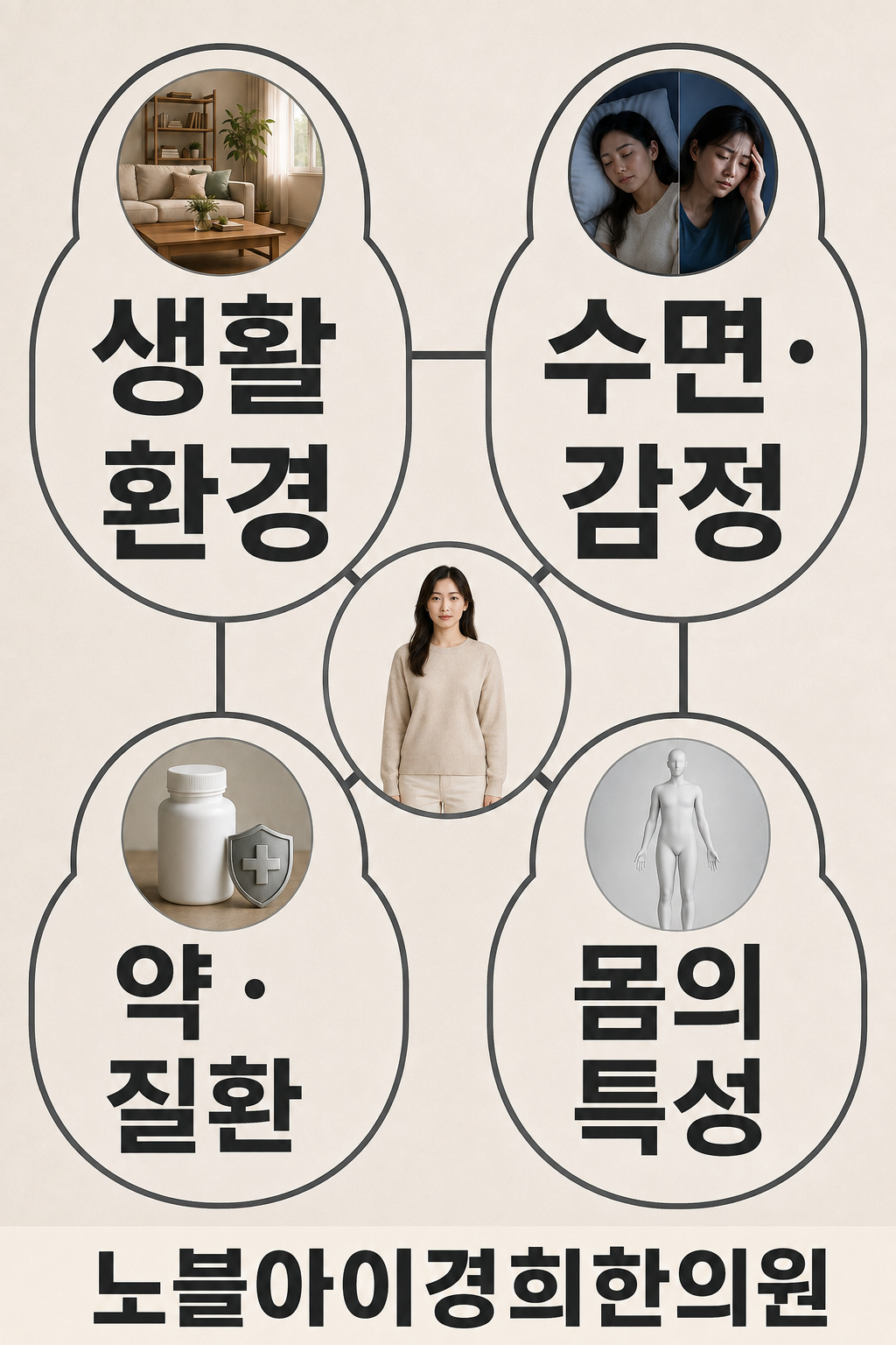 생활 환경과 수면·감정, 약·질환과 몸의 특성이 체중 관리에 함께 관여하는 그림