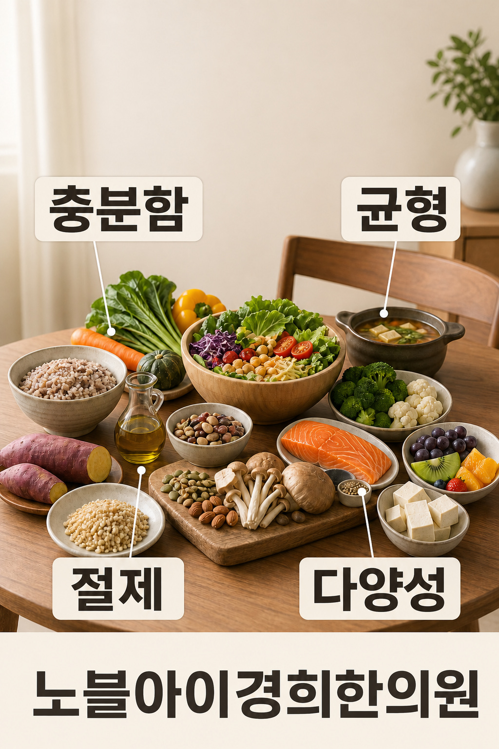 한 식탁의 충분함과 균형, 절제와 다양성을 서로 연결한 그림
