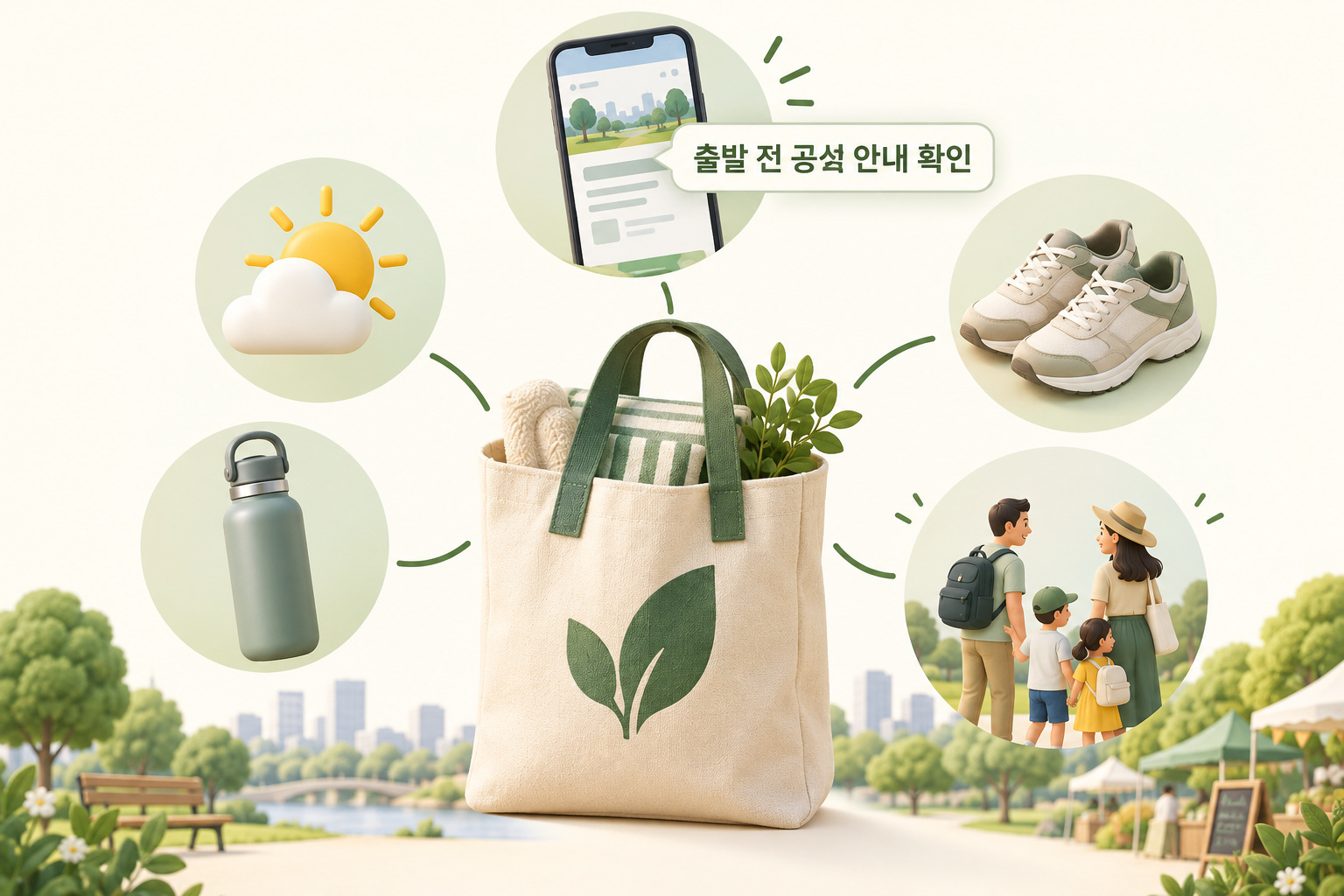 재사용 가방을 중심으로 날씨·물·편한 신발·가족 준비와 출발 전 공식 안내 확인을 보여주는 인포그래픽