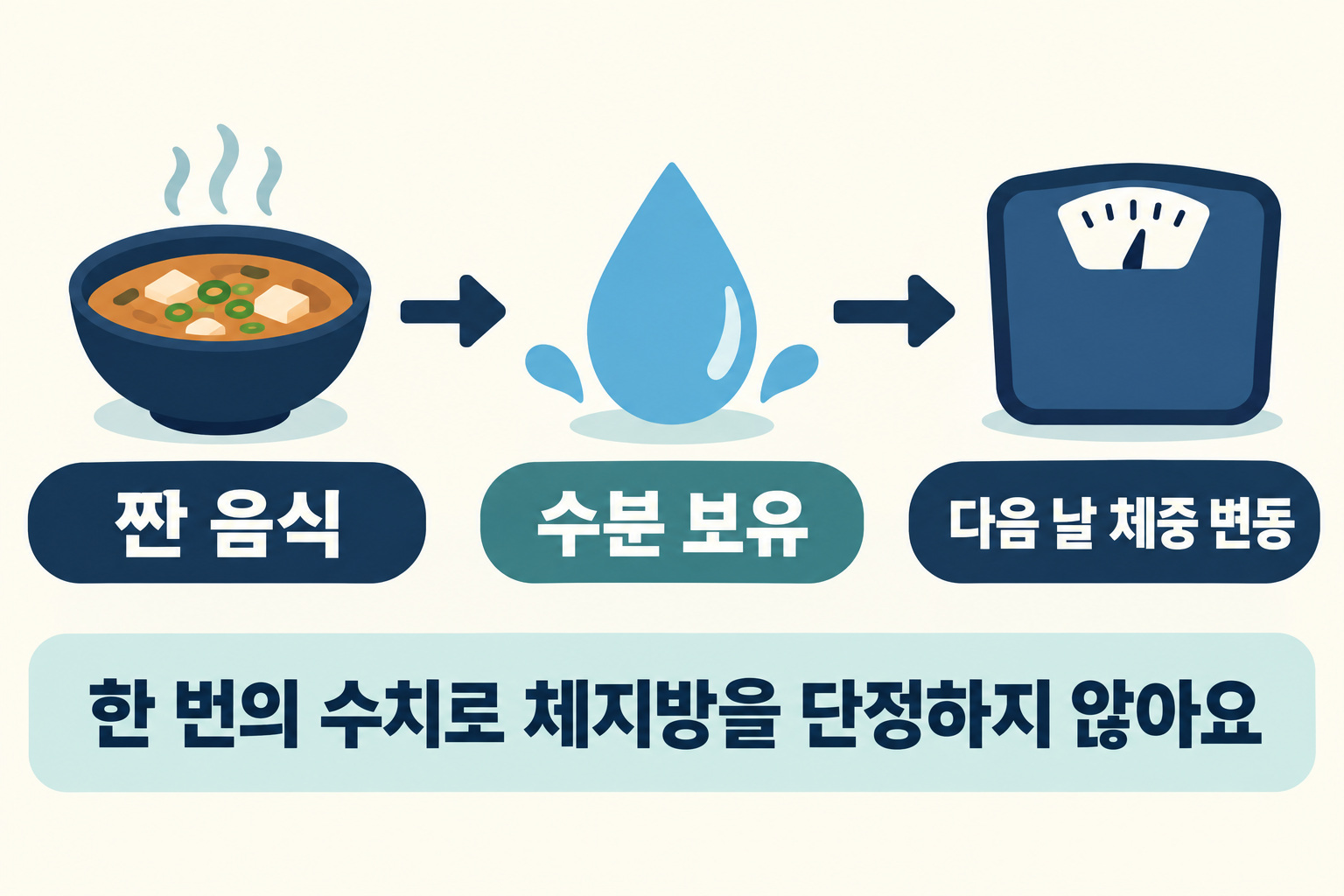 짠 음식·수분 보유·다음 날 체중 변동의 관계를 보여 주는 인포그래픽