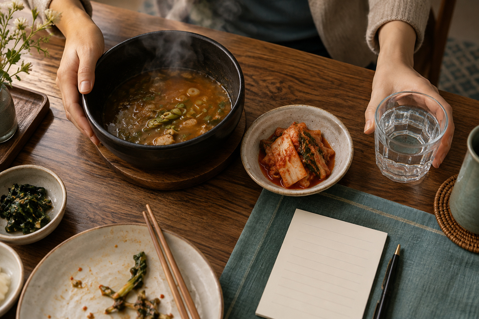 국물과 김치가 있는 식사에서 물과 식사 기록을 함께 준비하는 장면