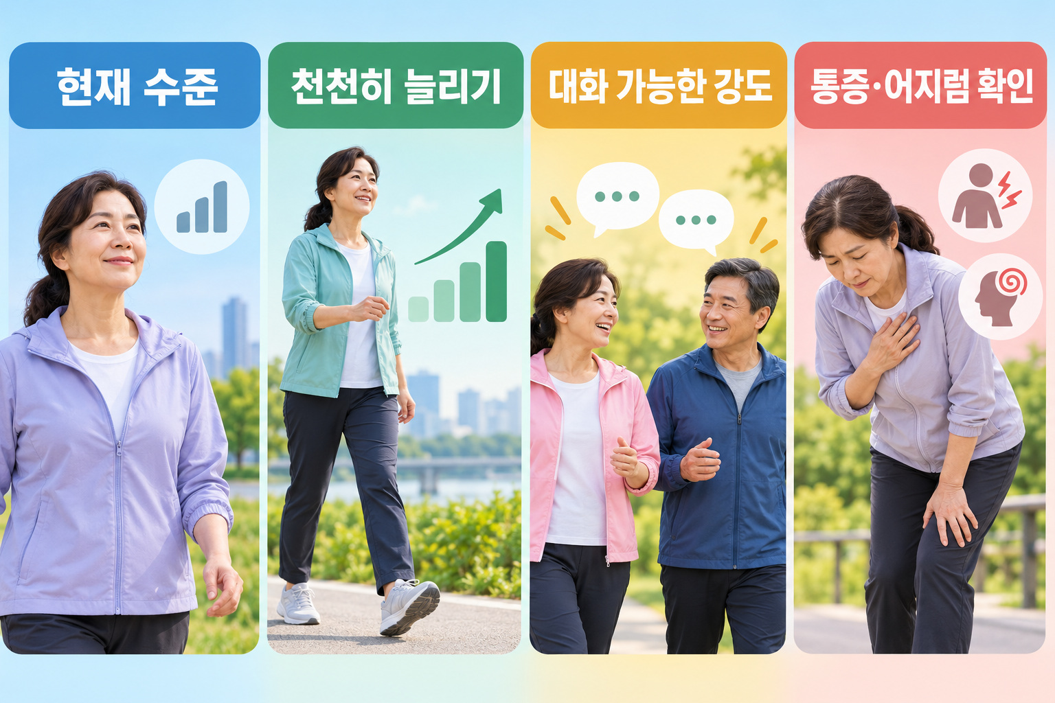현재 수준에서 걷기를 늘리고 통증·어지럼을 확인하는 인포그래픽